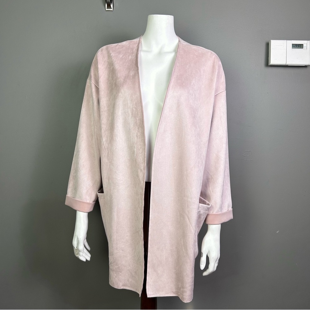 Joan Vas faux suede jacket 2X blush pink longline cascade cardigan capsule